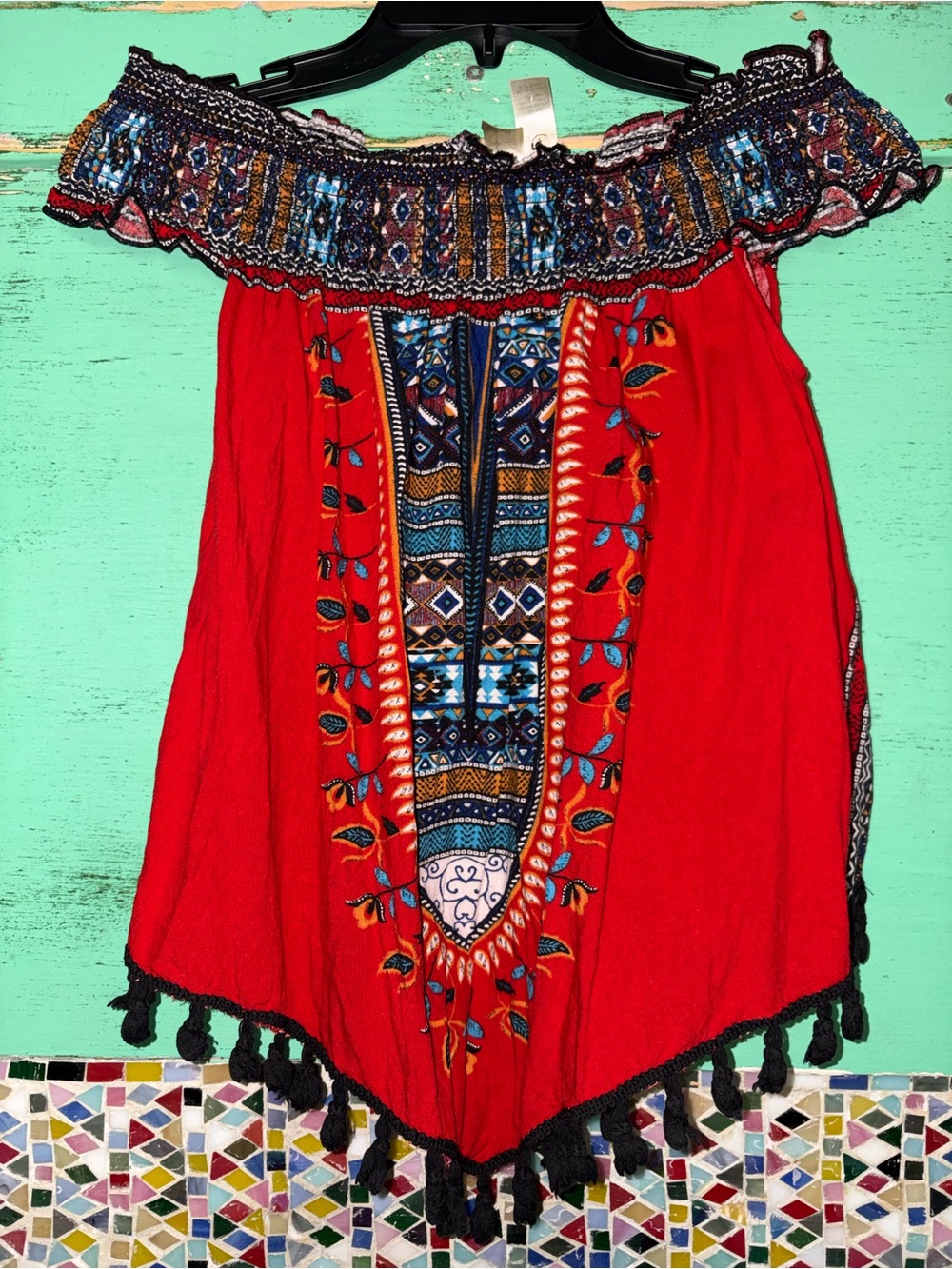 Red Bohemian Tassel Hem Off-Shoulder Shirt